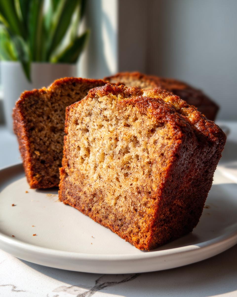Close-up of two thick slices of moist vegan banana bread with a dark, caramelized crust, served on a light gray plate.