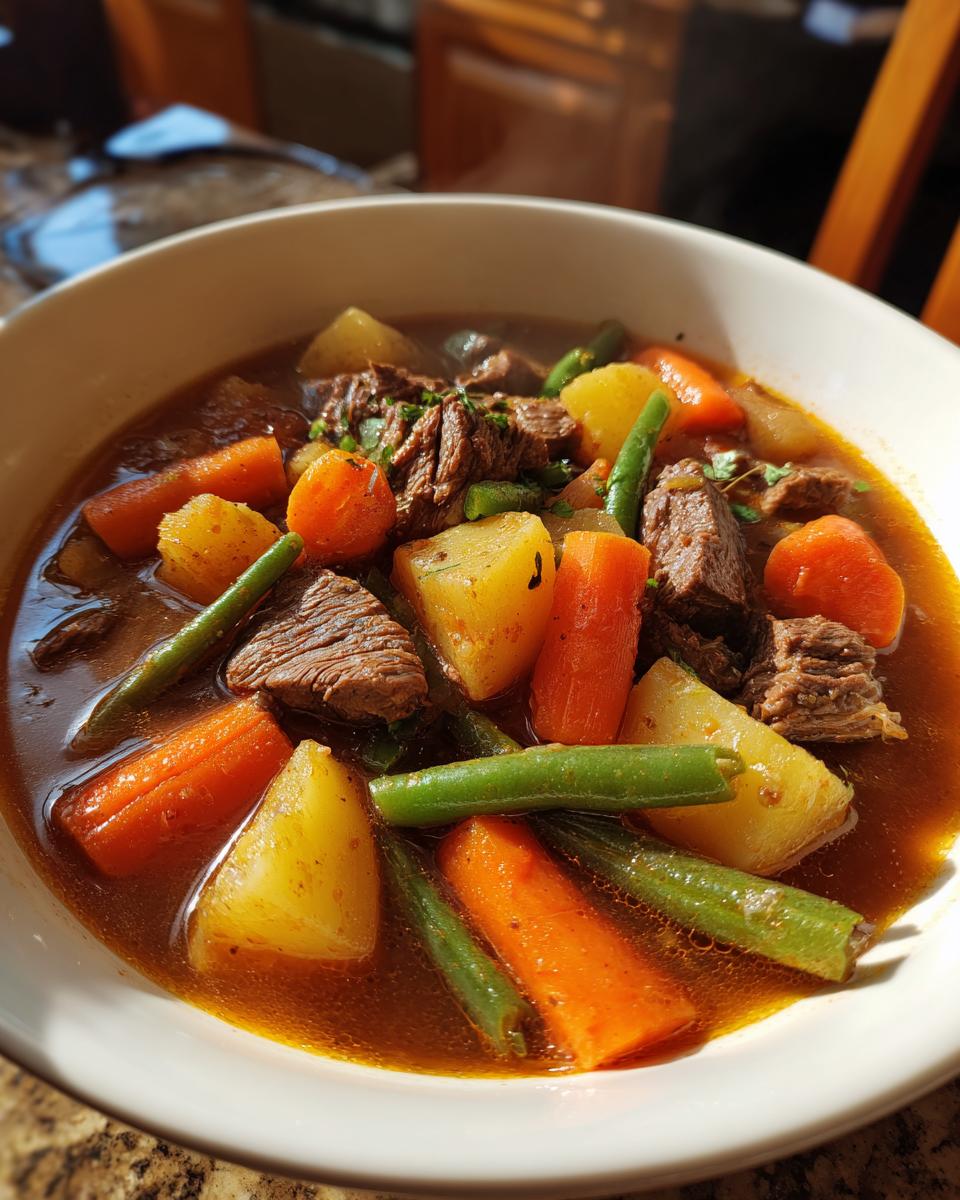 Close-up of a rich bowl of vegetable beef soup featuring tender beef chunks, carrots, potatoes, and green beans.