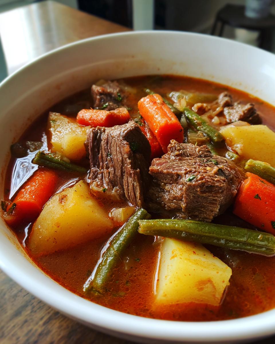 Close-up of a white bowl filled with rich vegetable beef soup featuring large chunks of beef, potatoes, carrots, and green beans.
