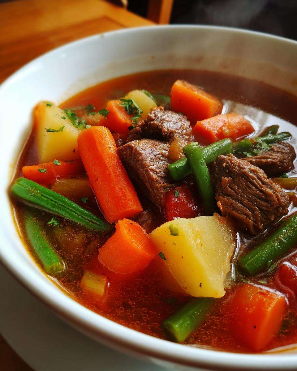 Close-up of a steaming bowl of rich vegetable beef soup featuring chunks of beef, carrots, potatoes, and green beans.