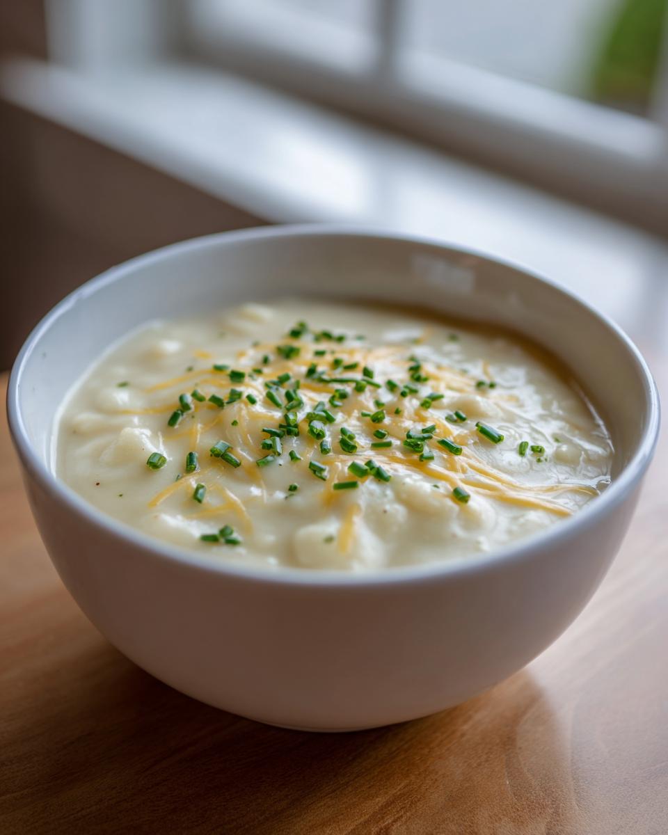 A close-up of a bowl of creamy cauliflower soup, topped with shredded cheese and fresh chopped chives.