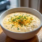 A close-up of a creamy bowl of cauliflower soup topped generously with shredded cheddar cheese and fresh green chives.