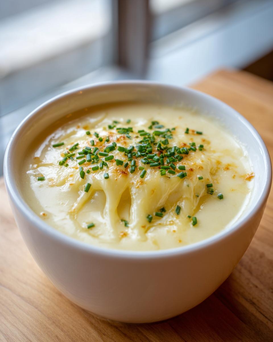 Close-up of a bowl of creamy cauliflower soup topped with melted cheese and fresh chives.