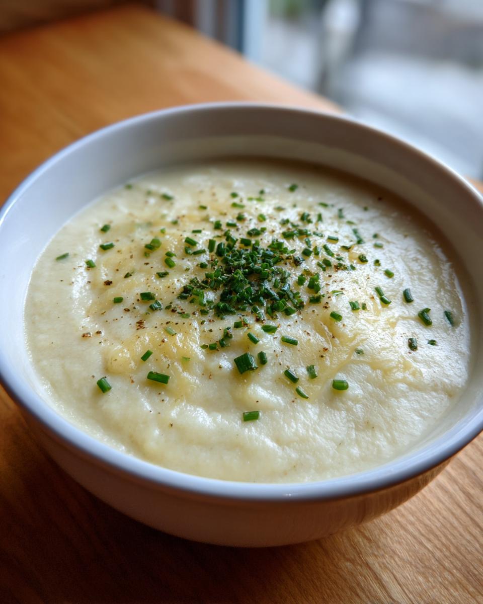 Close-up of a bowl of velvety cauliflower soup garnished with melted cheese and fresh chopped chives.