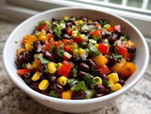 Close-up of a white bowl filled with colorful cowboy caviar featuring black beans, corn, peppers, and cilantro.