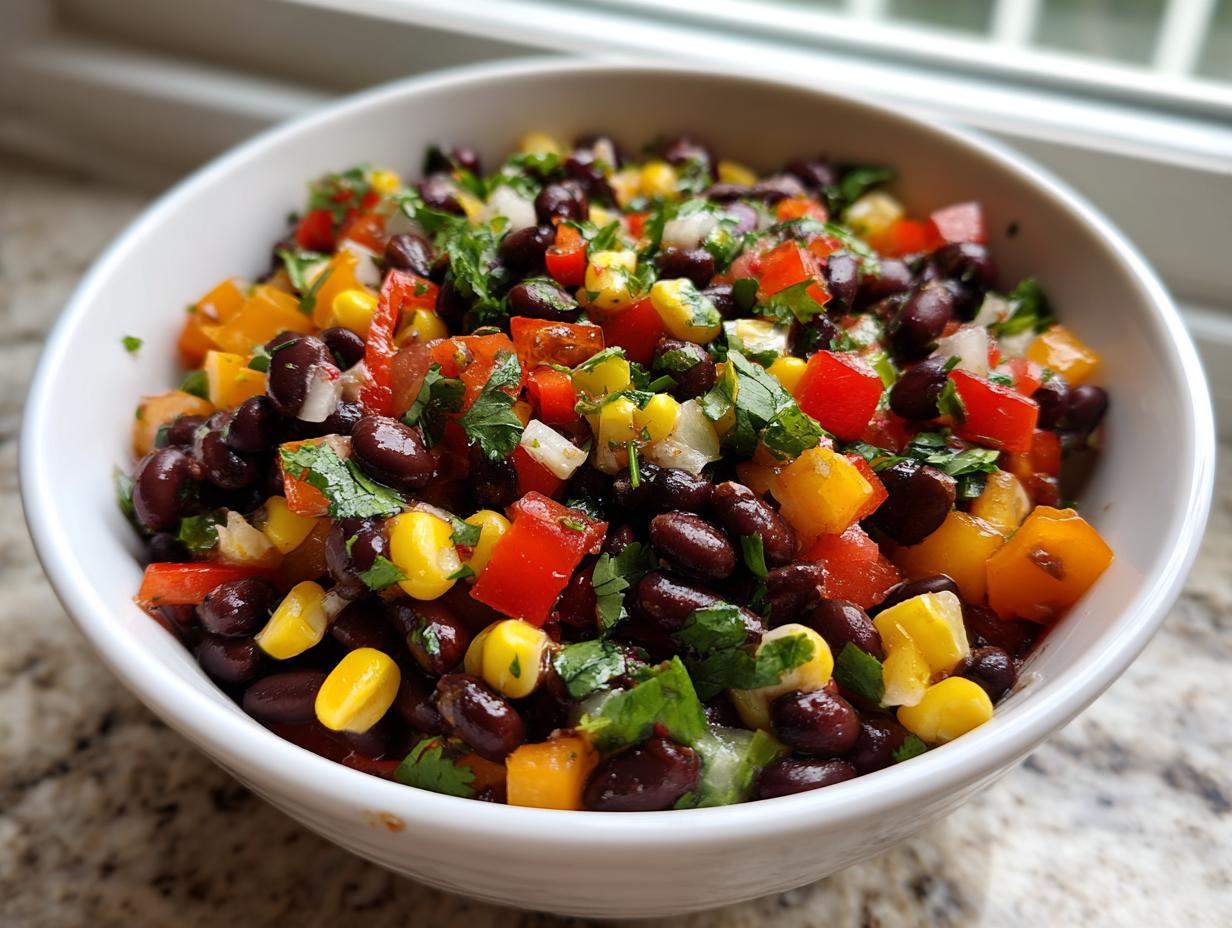 Close-up of a white bowl filled with colorful cowboy caviar featuring black beans, corn, peppers, and cilantro.