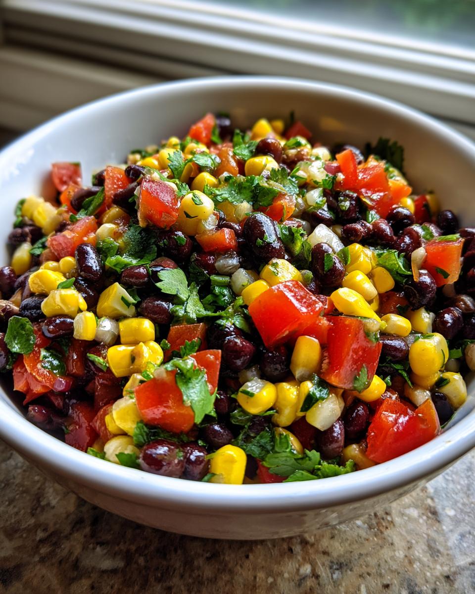 Close-up of a white bowl filled with colorful cowboy caviar featuring black beans, corn, tomatoes, and cilantro.