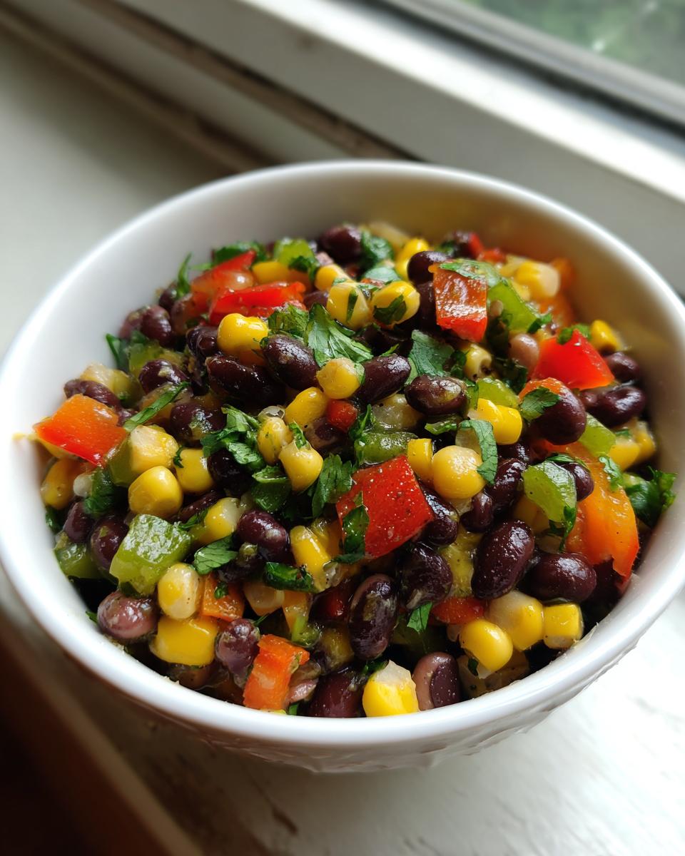Close-up of fresh cowboy caviar featuring black beans, corn, red and green peppers, and cilantro in a white bowl.