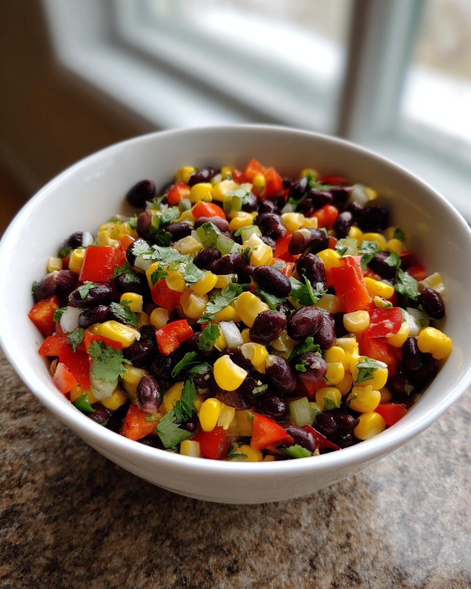 Close-up of a white bowl filled with colorful cowboy caviar, featuring black beans, yellow corn, red peppers, and cilantro.