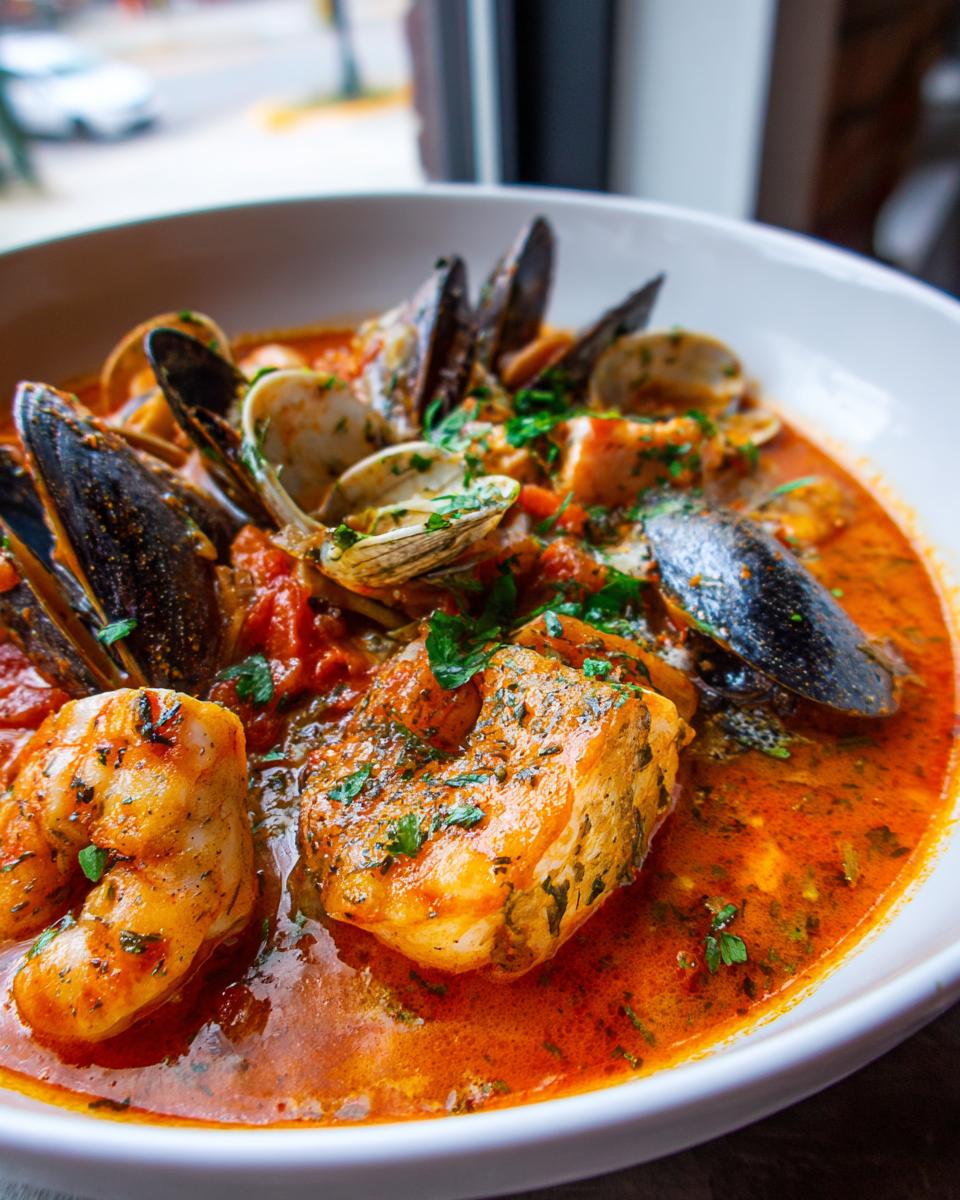 Close-up of a vibrant seafood soup featuring fish chunks, shrimp, mussels, and clams in a rich tomato broth.