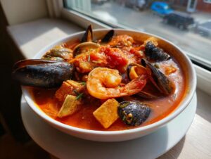 Close-up of a steaming bowl of vibrant red seafood soup filled with mussels, shrimp, and clams.