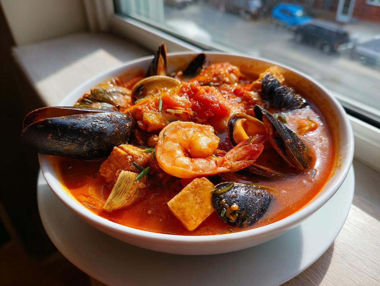Close-up of a steaming bowl of vibrant red seafood soup filled with mussels, shrimp, and clams.