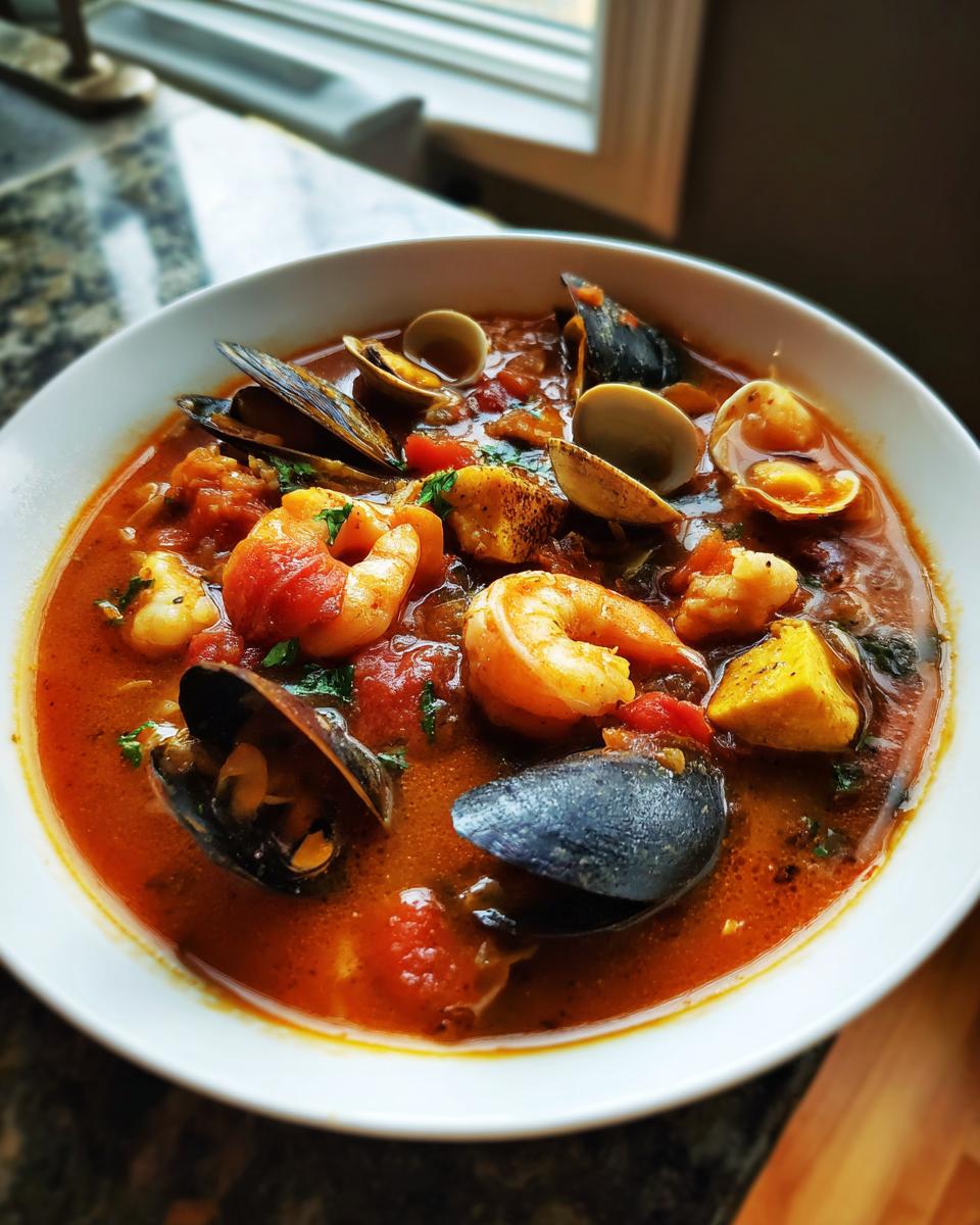 Close-up of a vibrant, rich seafood soup featuring shrimp, mussels, and clams in a tomato-based broth.