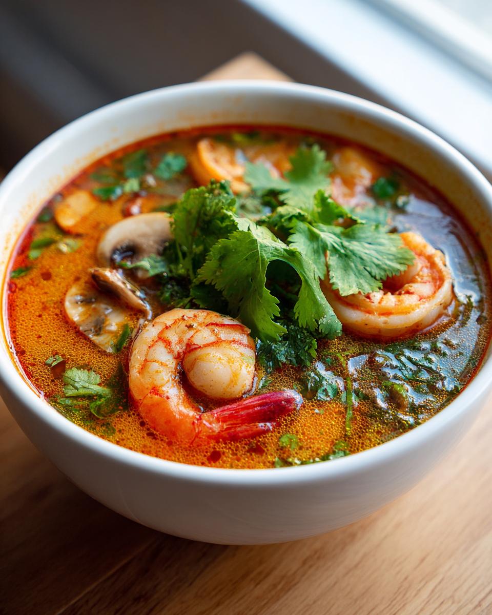 Close-up of a white bowl filled with spicy, orange-red Tom Yum soup featuring large shrimp and fresh cilantro.