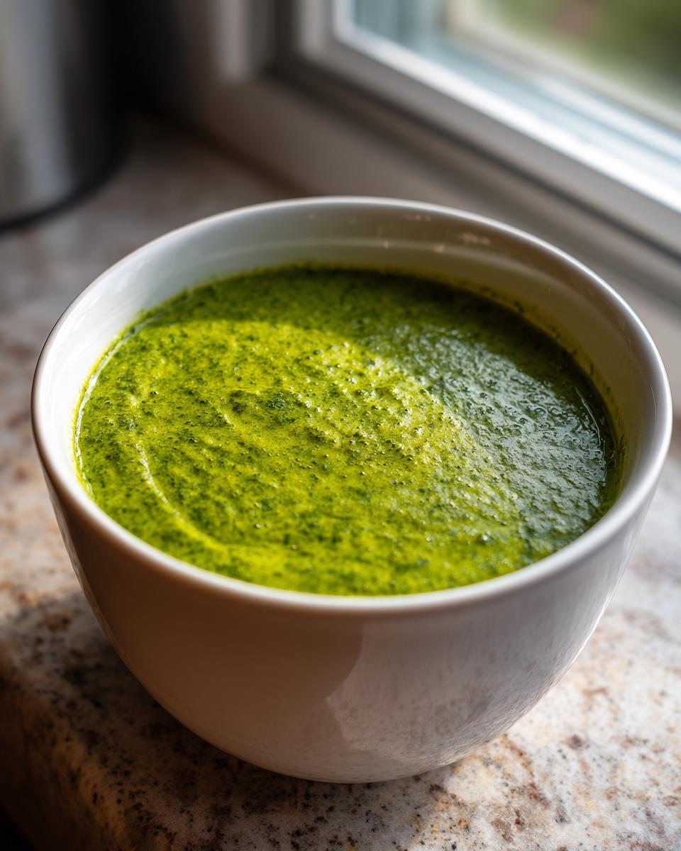 Close-up of a white bowl filled with bright green, creamy spinach soup resting on a granite countertop.