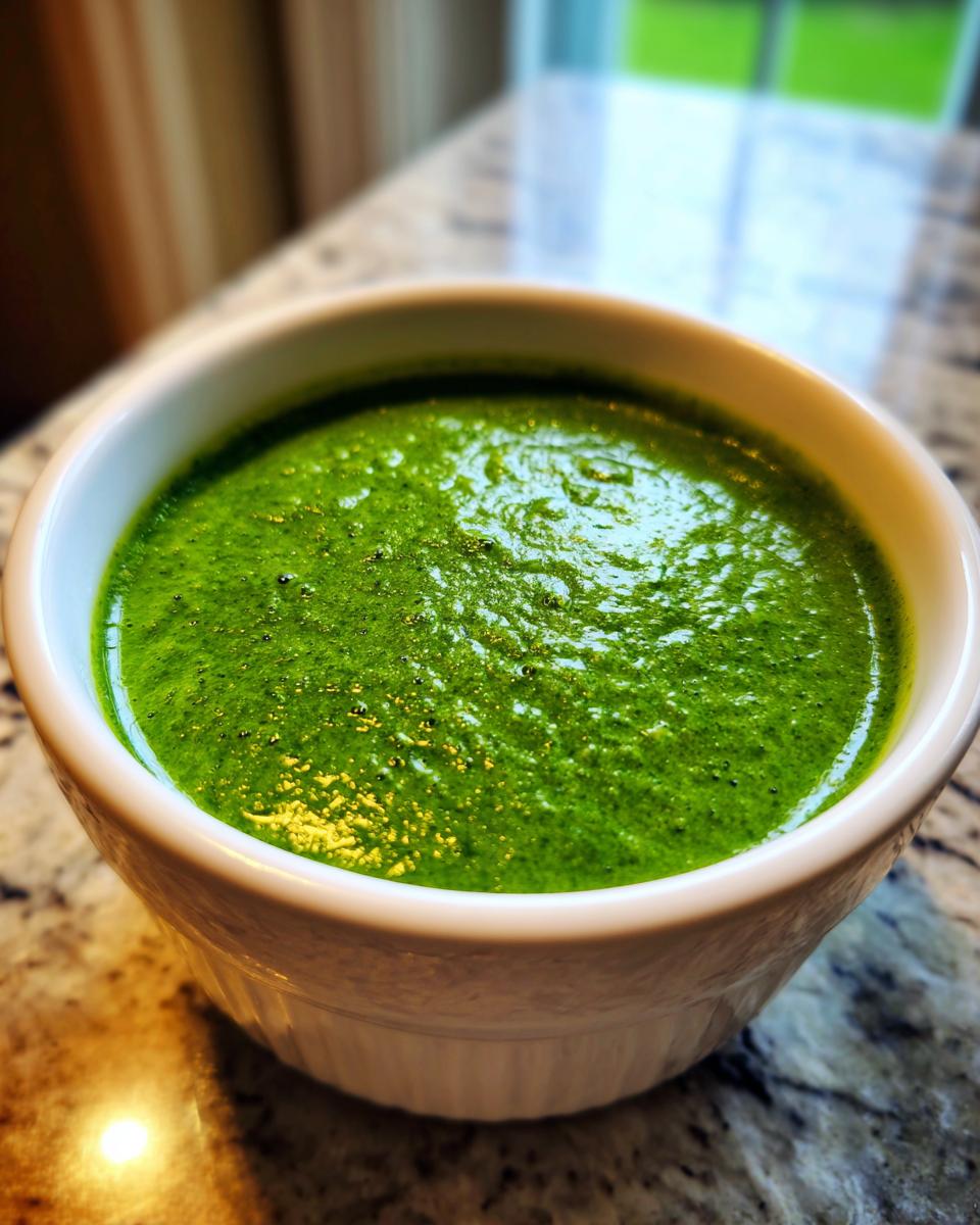 Close-up of a rich, vibrant green spinach soup served in a white, ribbed bowl.