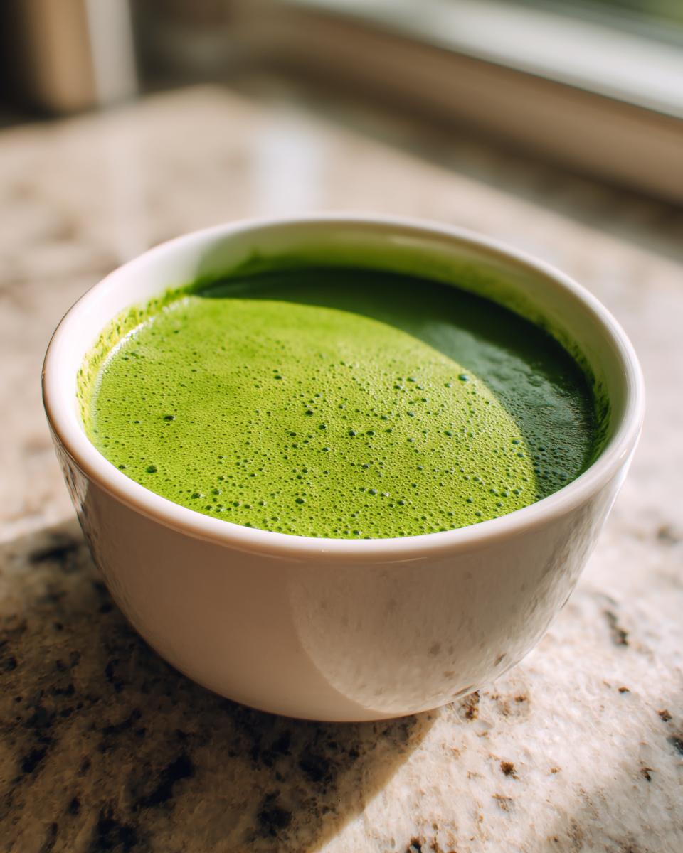 A close-up of vibrant green spinach soup with a frothy top served in a white bowl on a speckled counter.