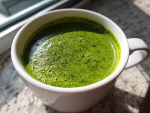 Close-up of vibrant, foamy green spinach soup served hot in a white mug on a sunny countertop.