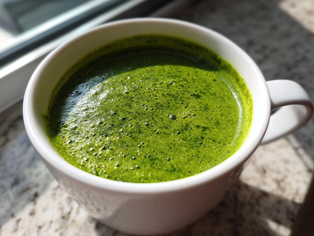 Close-up of vibrant, foamy green spinach soup served hot in a white mug on a sunny countertop.