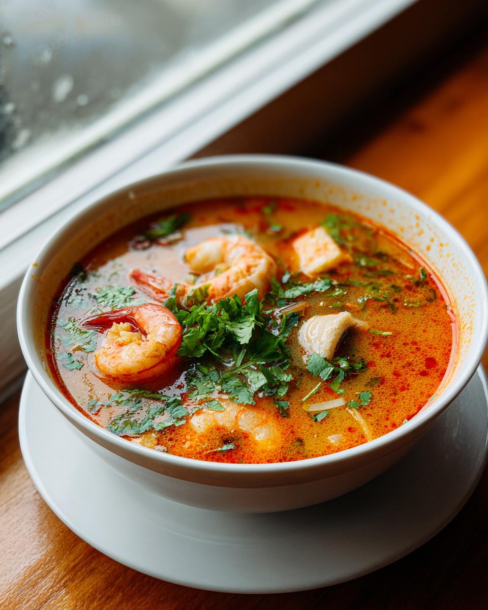 Close-up of a steaming bowl of vibrant orange Tom Yum soup featuring large shrimp and fresh cilantro.