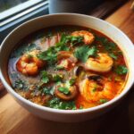 Close-up of a white bowl filled with rich, red-orange Tom Yum soup featuring large shrimp, mushrooms, and fresh cilantro.