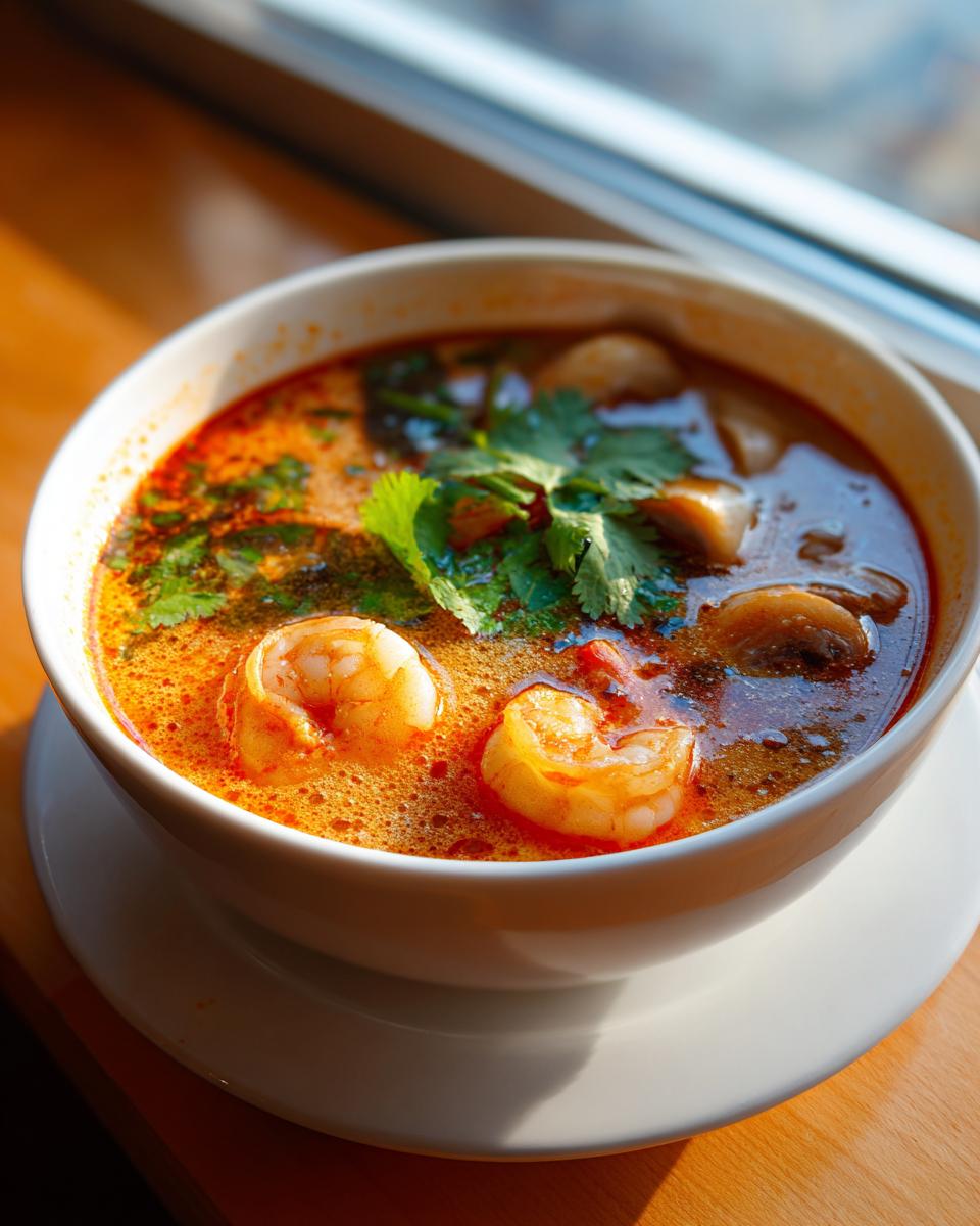 Close-up of a steaming bowl of spicy Tom Yum soup featuring large shrimp, mushrooms, and fresh cilantro garnish.
