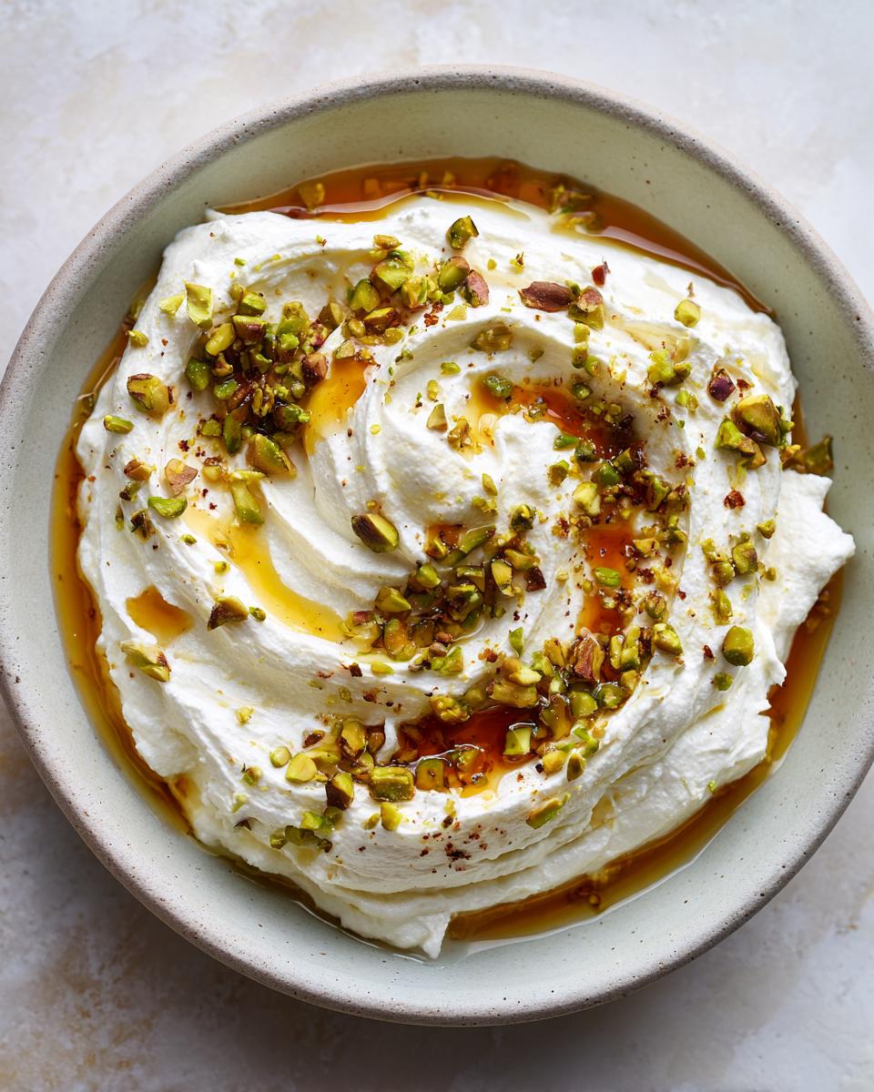 A close-up of creamy whipped feta dip drizzled with honey and sprinkled with chopped pistachios in a light bowl.