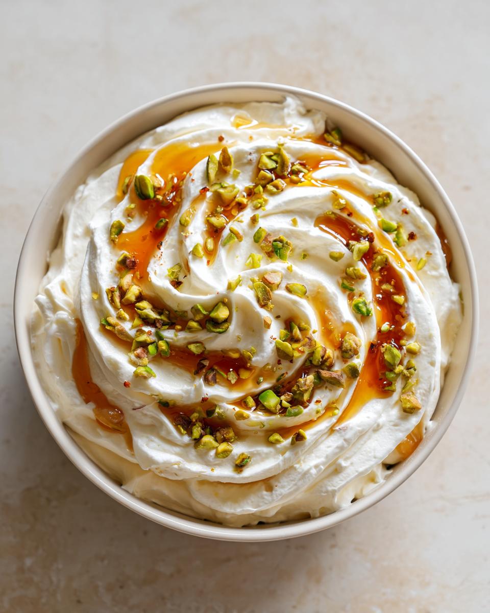 Overhead view of a bowl of creamy whipped feta dip swirled and topped with honey drizzle and chopped pistachios.