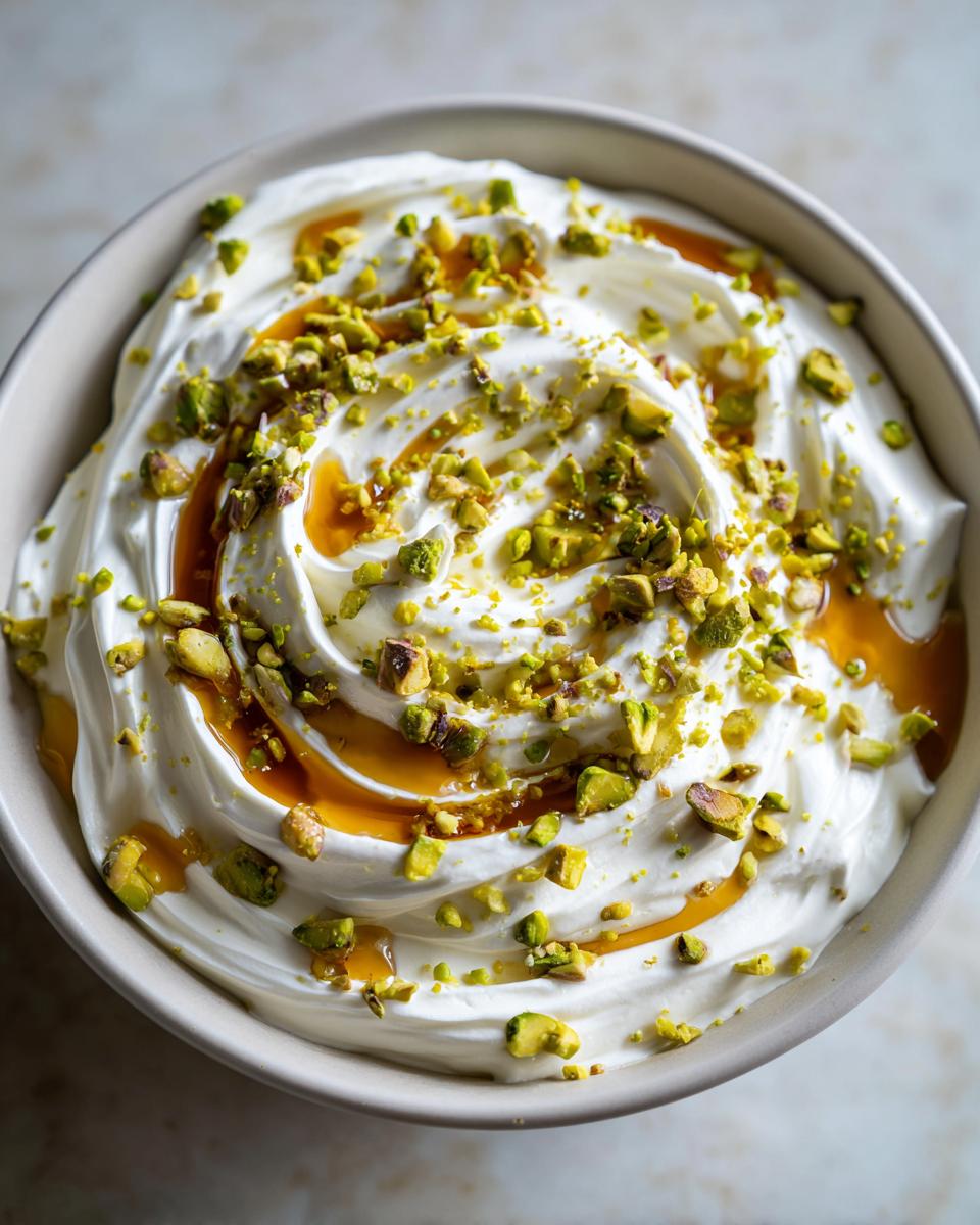 Close-up of creamy whipped feta dip topped with a drizzle of honey and chopped pistachios.