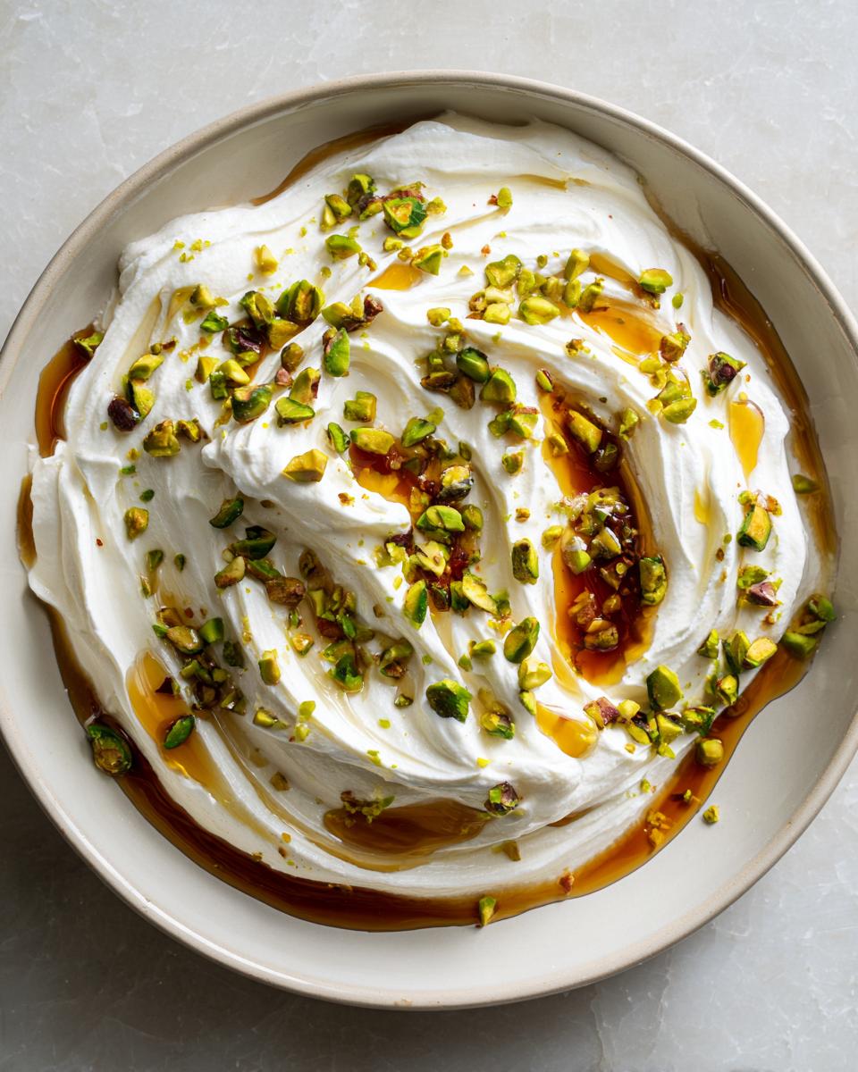 A bowl of creamy whipped feta dip topped with chopped pistachios and a drizzle of amber honey.