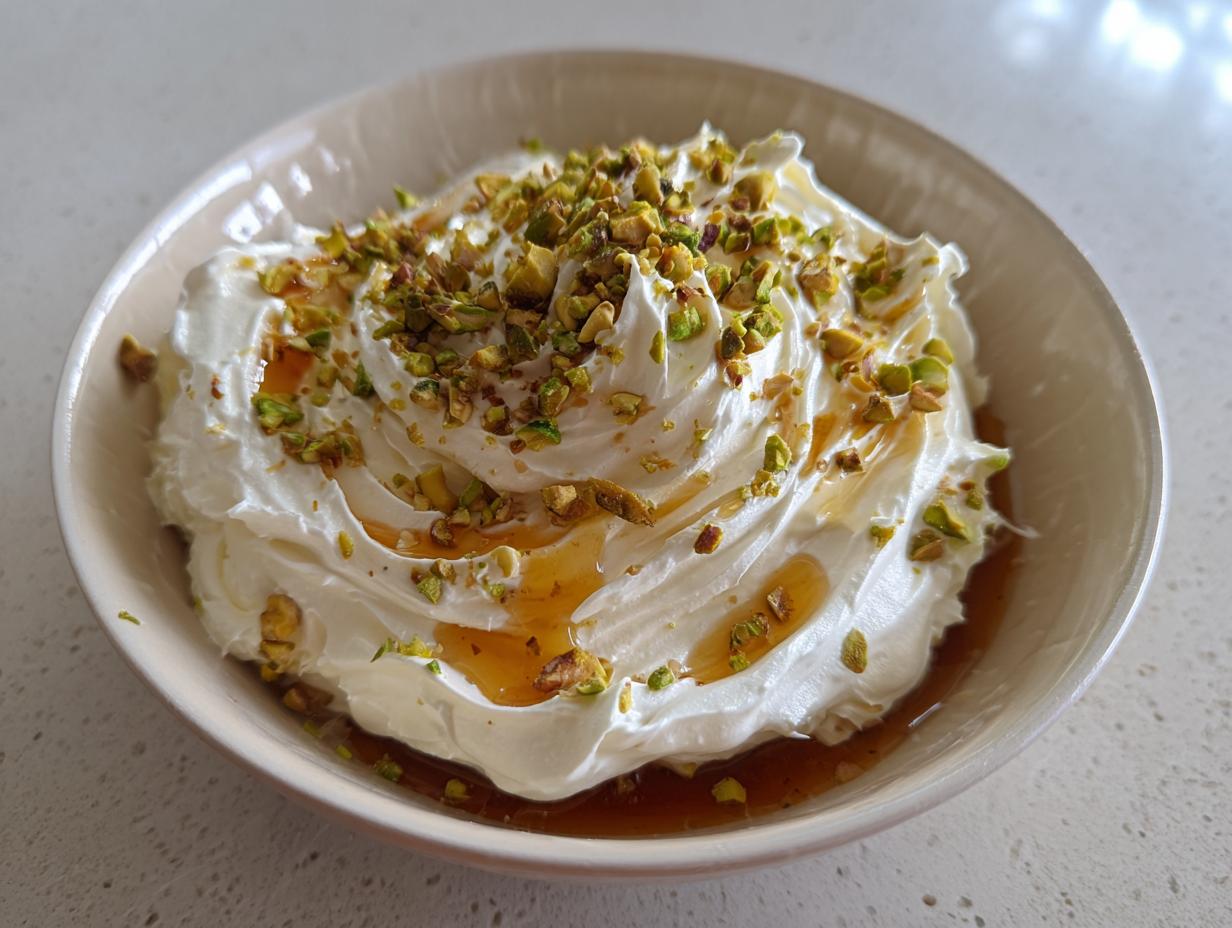 A bowl of creamy, swirled whipped feta dip drizzled with honey and topped with chopped pistachios.
