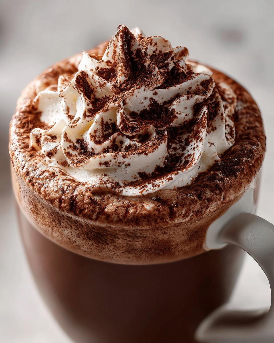 A close-up of a mug filled with rich hot chocolate topped with a swirl of whipped cream and dusted generously with cocoa powder, showcasing the whipped hot chocolate.