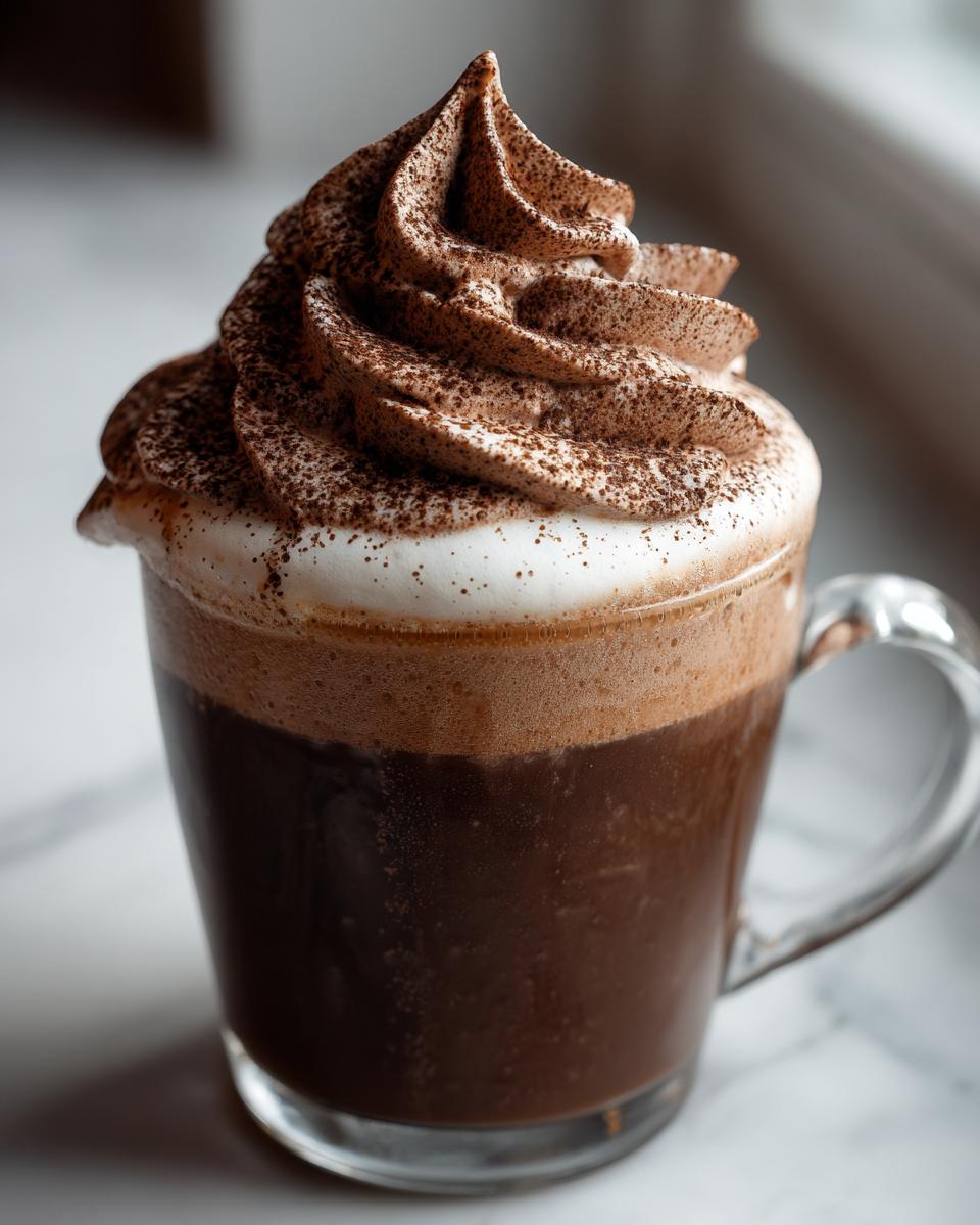 Close-up of a glass mug filled with rich, dark whipped hot chocolate topped with a swirl of cocoa-dusted whipped cream.