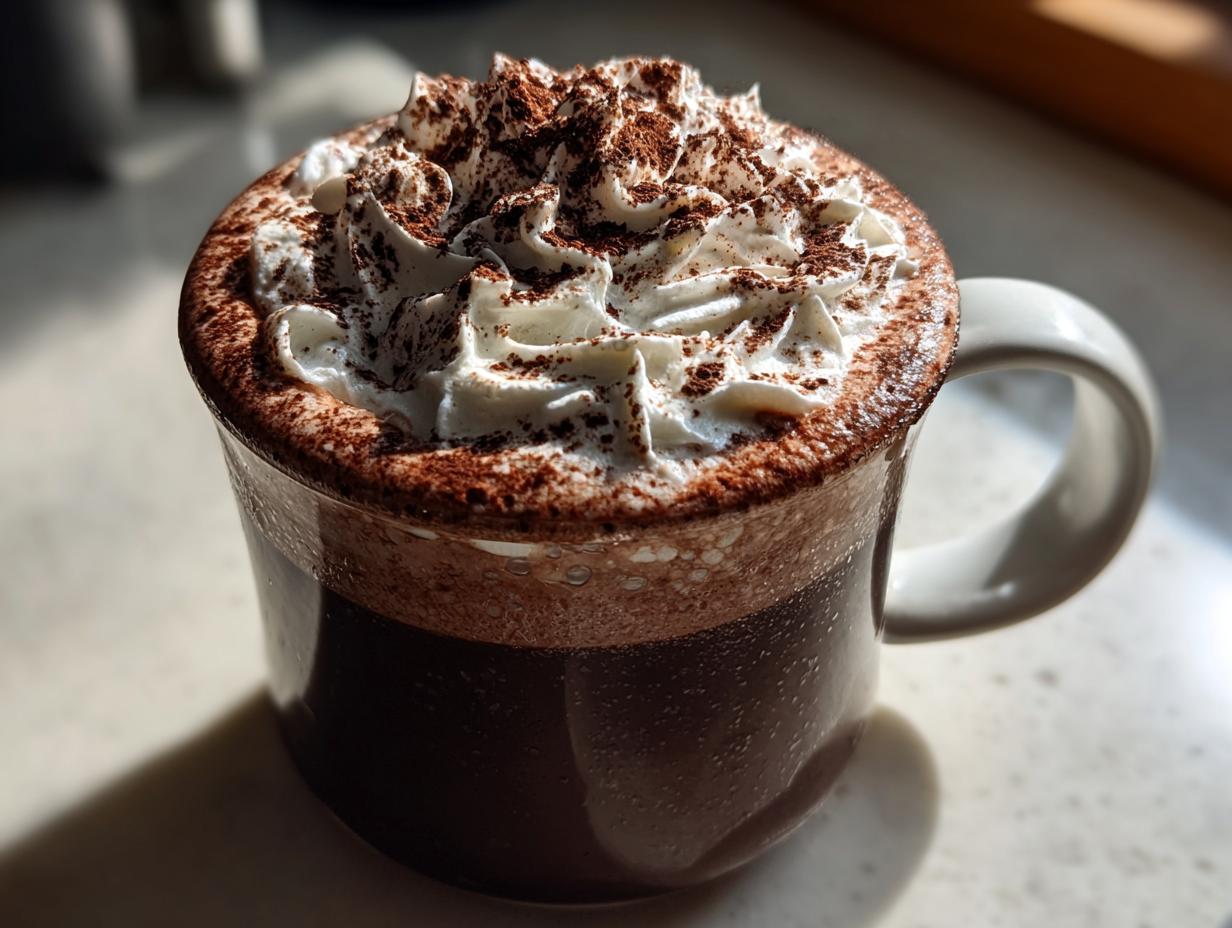 Close-up of a mug filled with rich whipped hot chocolate, generously topped with swirls of whipped cream and dusted cocoa.