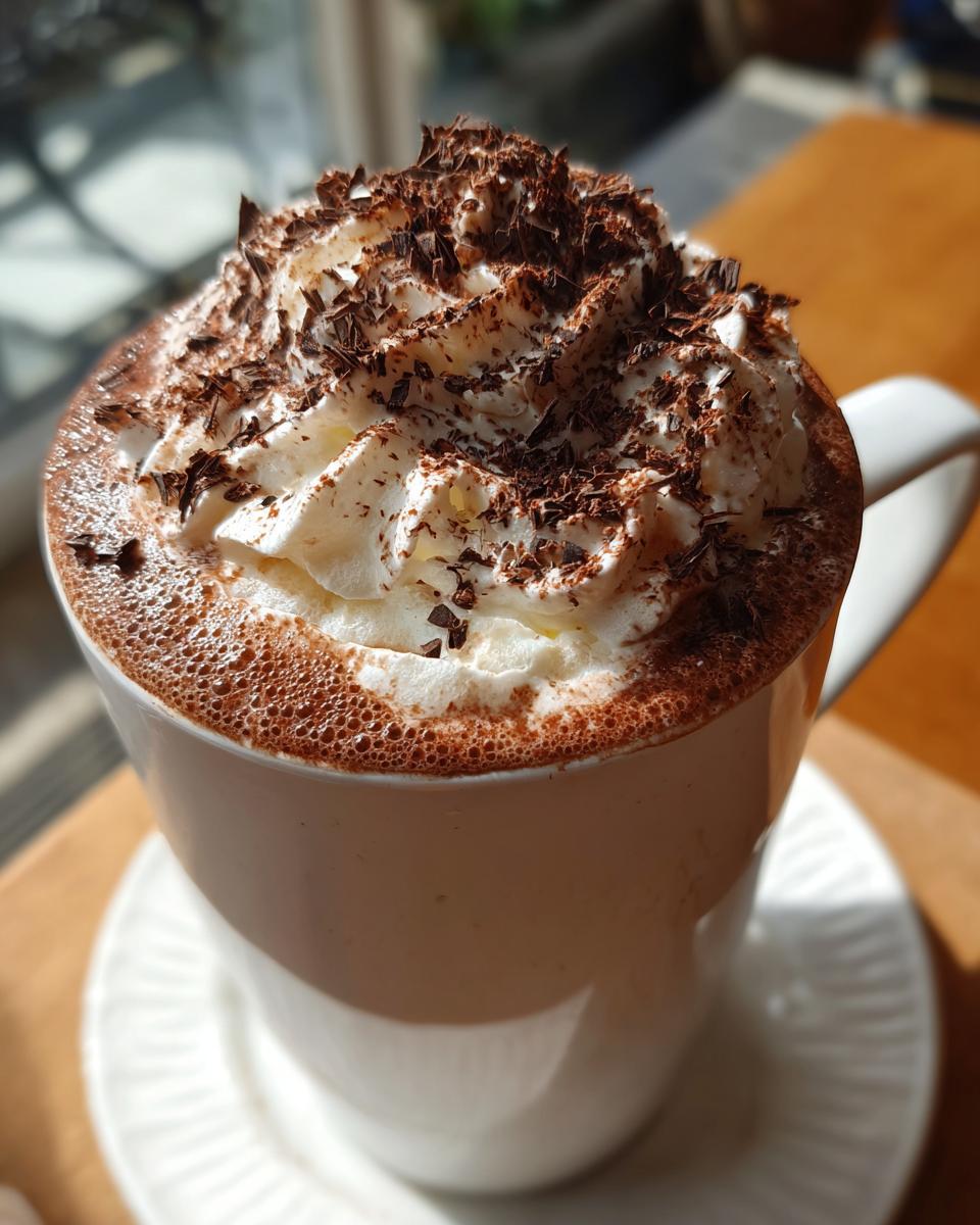 Close-up of a white mug filled with rich whipped hot chocolate topped with whipped cream and chocolate shavings.