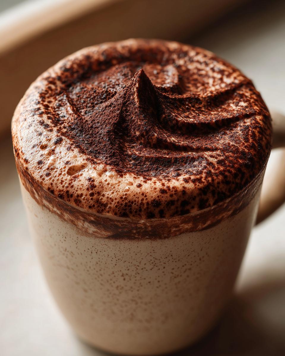 Close-up of a mug of whipped hot chocolate topped with a swirl of foam and dusted heavily with cocoa powder.