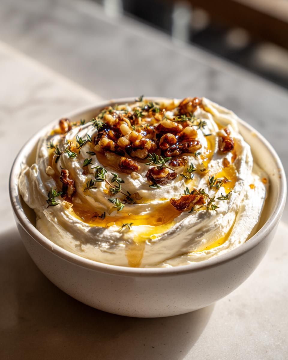 A bowl of creamy whipped ricotta dip topped with honey, walnuts, and fresh thyme.