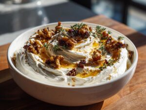 A beautiful bowl of creamy whipped ricotta dip topped with candied walnuts, honey drizzle, and fresh thyme sprigs.