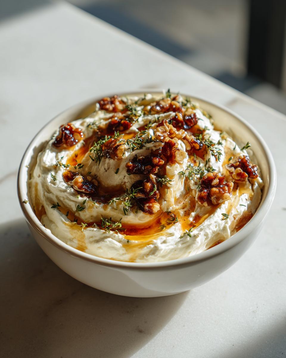 A bowl of creamy whipped ricotta dip topped with caramelized walnuts, fresh thyme, and a drizzle of honey.