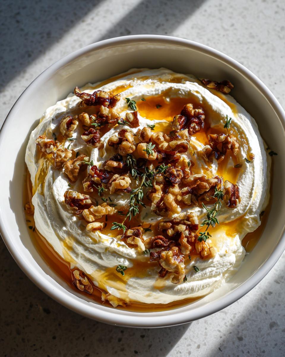 A bowl of creamy whipped ricotta dip topped with toasted walnuts, honey drizzle, and fresh thyme sprigs.
