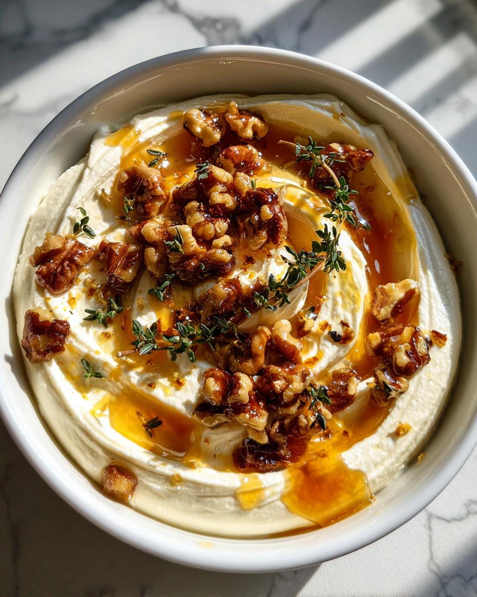 Overhead view of a creamy whipped ricotta dip topped with candied walnuts, honey drizzle, and fresh thyme sprigs.
