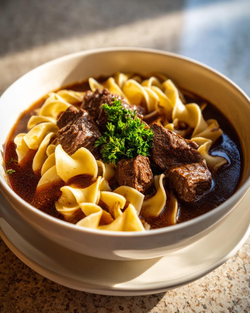 Close-up of a steaming bowl of rich beef noodle soup featuring tender beef chunks and egg noodles, garnished with fresh parsley.