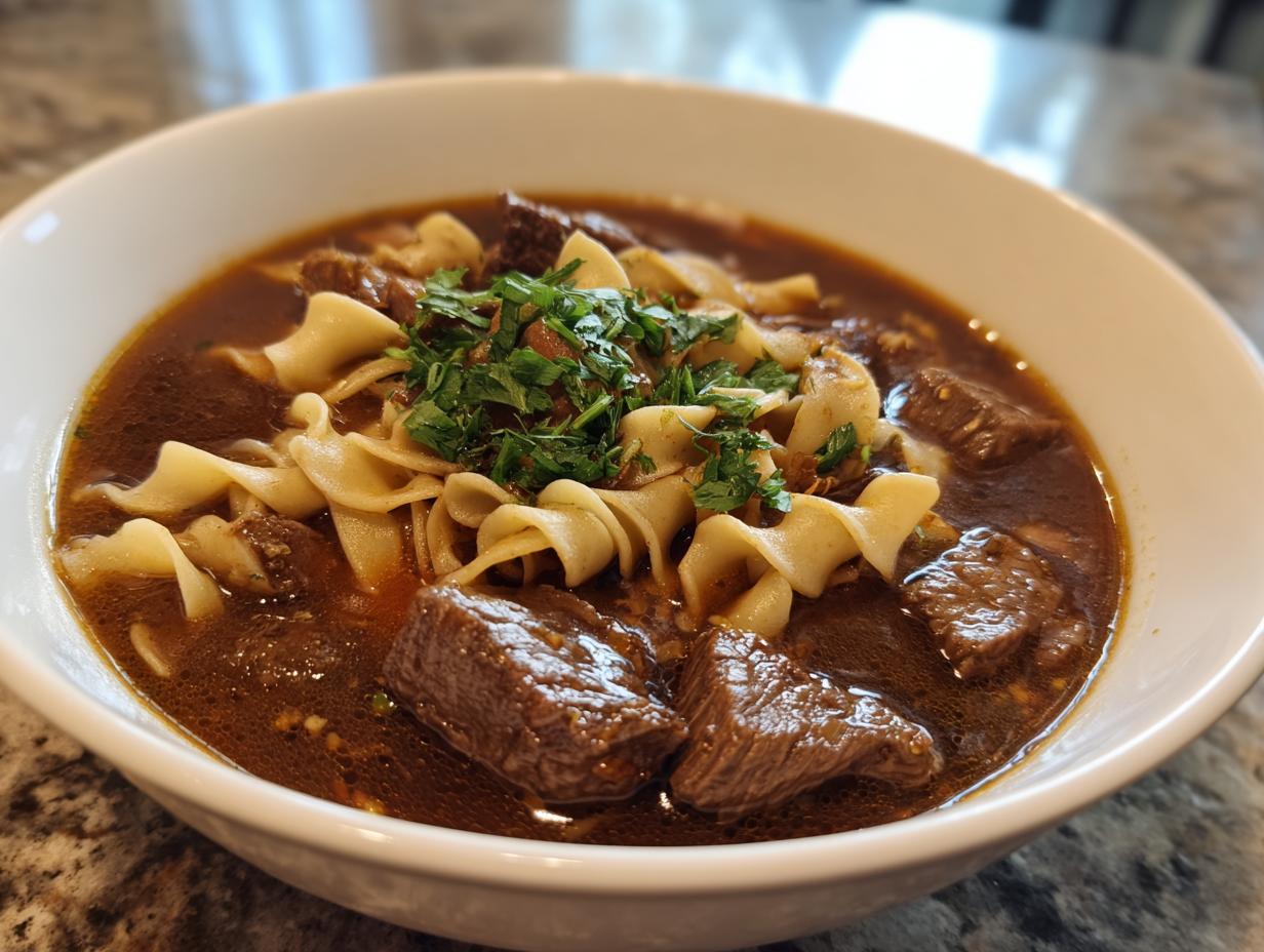 Close-up of a white bowl filled with rich, dark broth, tender chunks of beef, egg noodles, and fresh parsley, showcasing the beef noodle soup.