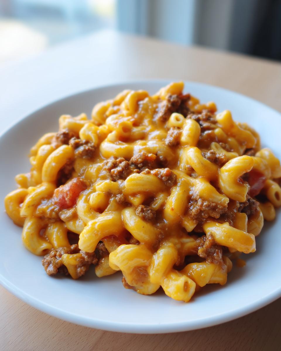 Close-up of a serving of creamy, cheesy taco pasta mixed with seasoned ground beef on a white plate.