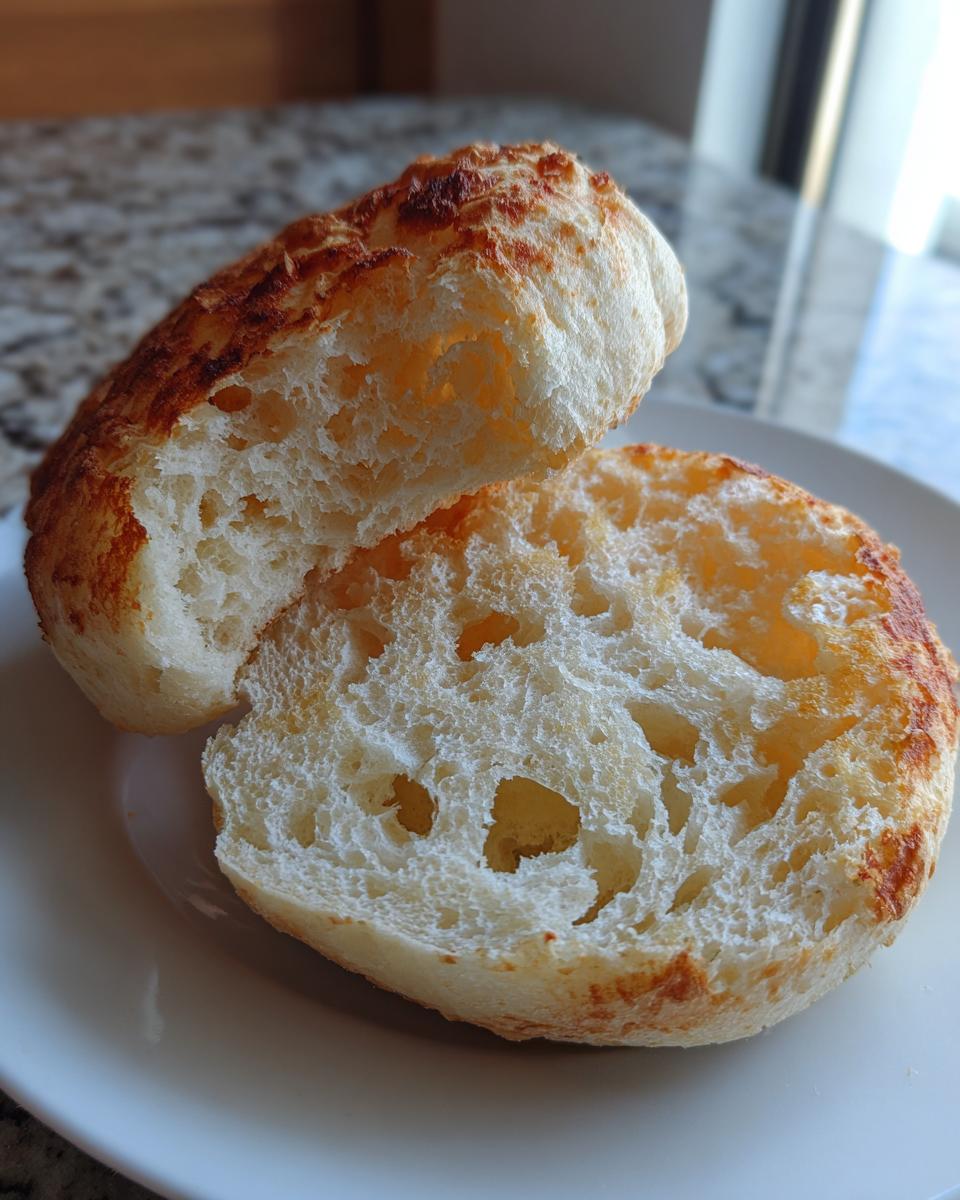 Close-up of a toasted english muffin split in half, showing its airy, holey crumb structure.