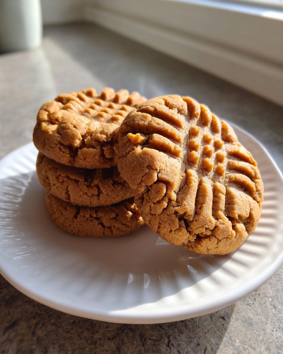A stack of four golden brown peanut butter cookies with classic crisscross fork marks on a white plate.