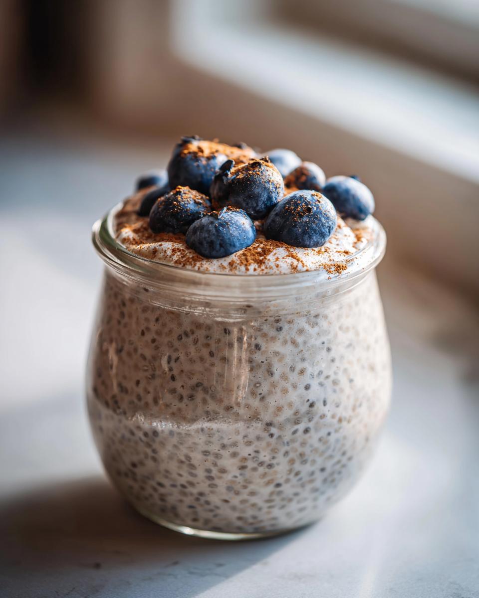 Close-up of a jar of creamy chia seed pudding topped with fresh blueberries and cinnamon.
