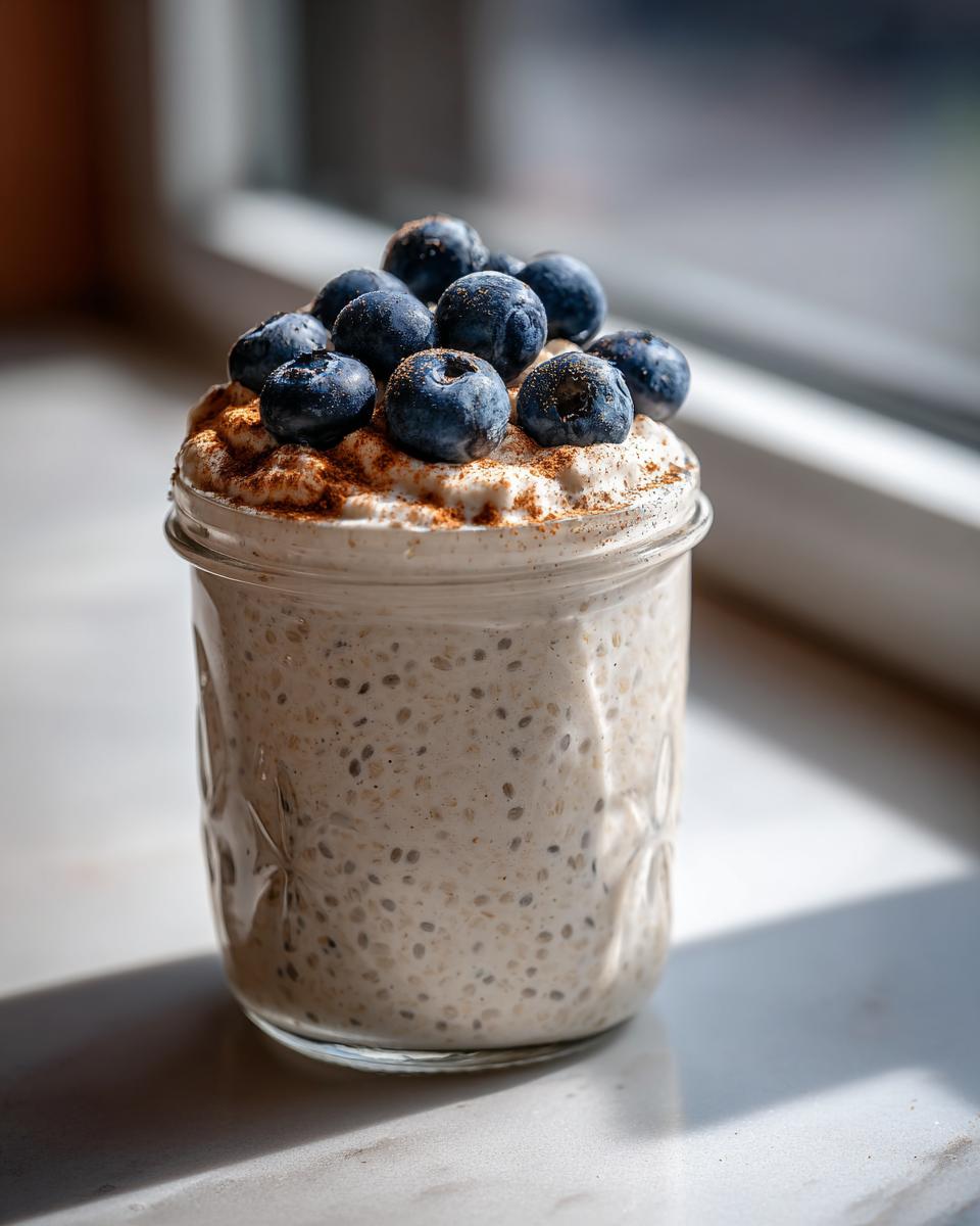 Close-up of creamy chia seed pudding in a glass jar, topped with fresh blueberries and cinnamon.