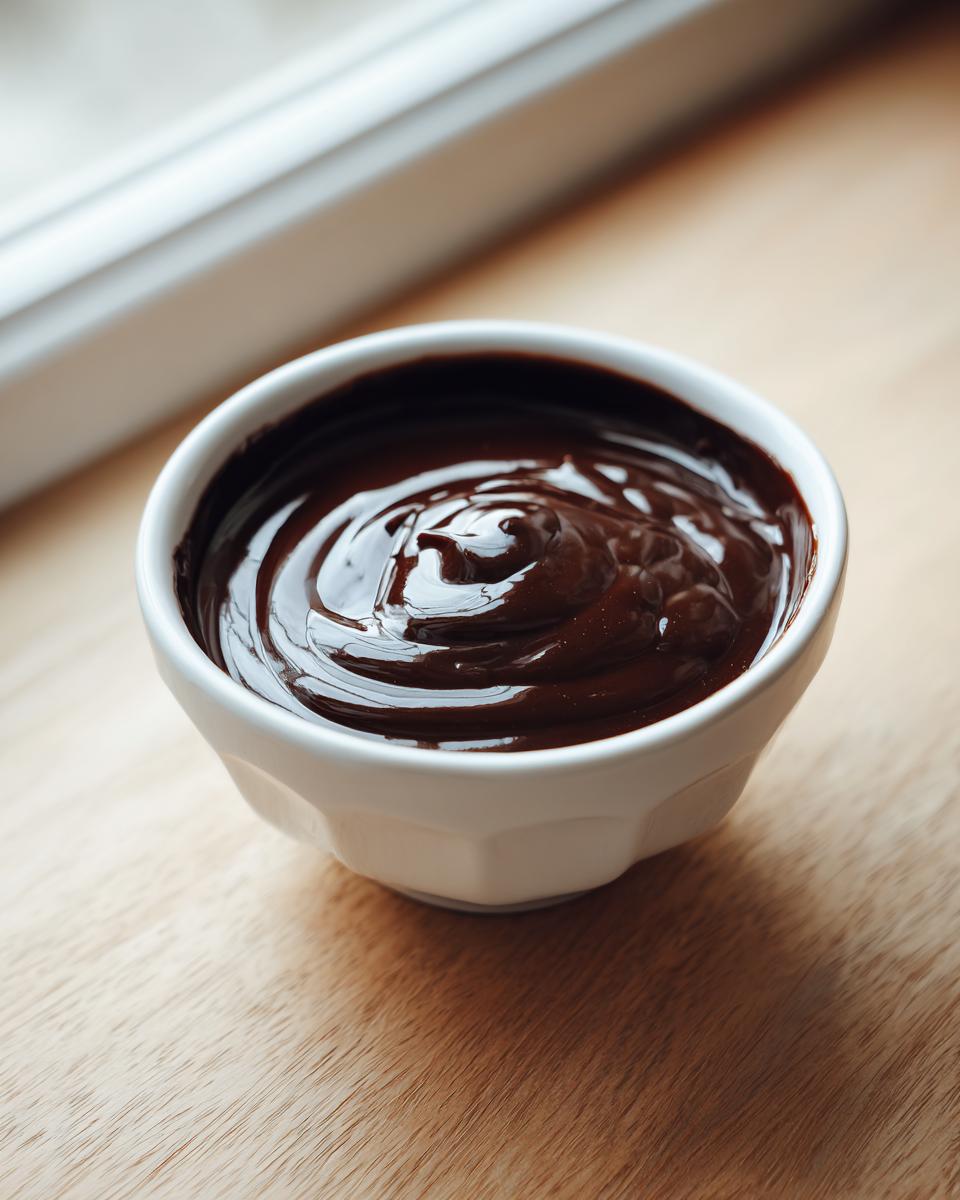 A small white bowl filled with glossy, dark chocolate dip, sitting on a light wooden surface.