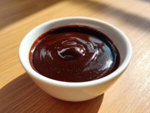 Close-up of a small white bowl filled with glossy, dark brown chocolate dip, glistening in the sunlight.